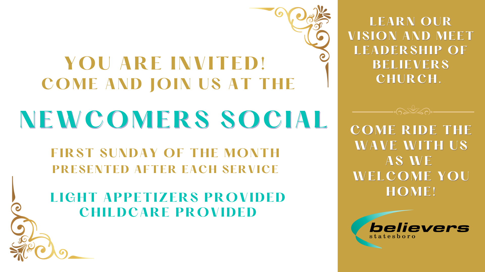 Guests gathering with Believers Church pastors and leaders for a Newcomers Social.